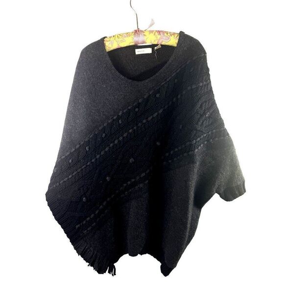 Anthropologie Sleeping On Snow Gray & Black Knit Poncho With Fringe Trim EUC S - Picture 1 of 7